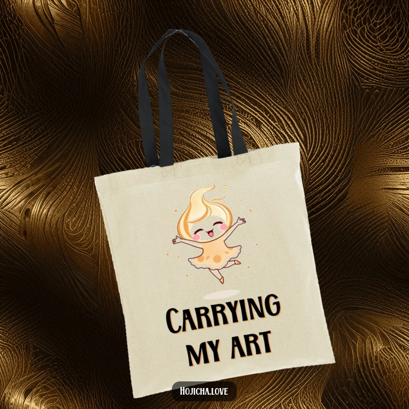 Funny hojicha latte art tote bag with a joyful swirl doing a ballet pirouette, for stylish errands.