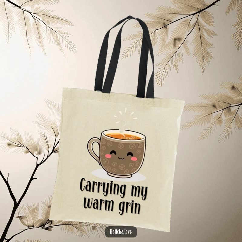 Funny hojicha tote bag showcasing a smiling whisked pattern, a cheerful and practical accessory for everyday use.