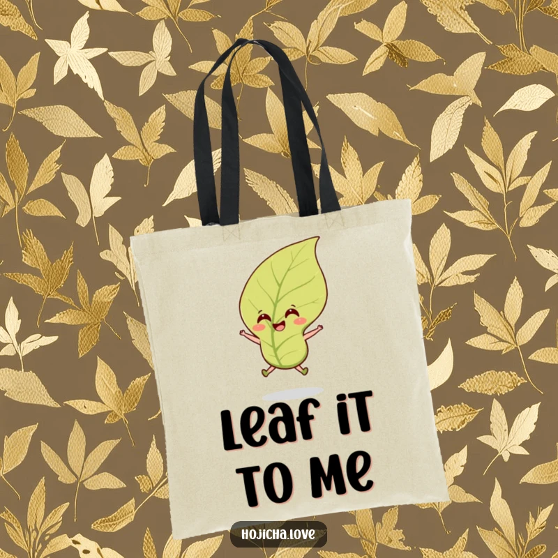 Funny hojicha tea leaf tote bag with a cheerful leaf jumping in the breeze, ideal for everyday use.