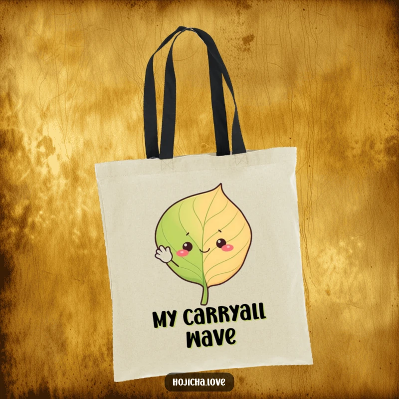 Funny hojicha leaf tote bag, cheerfully waving with simple eyes, a cute and practical accessory.