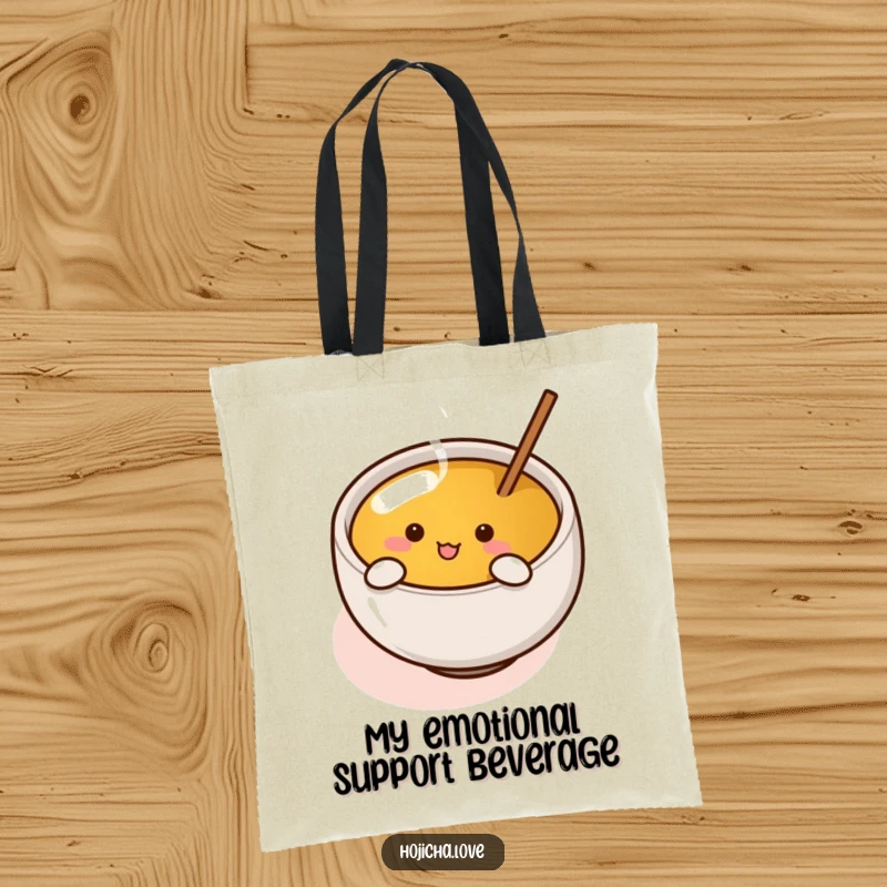 Funny hojicha cup with tiny arms enthusiastically stirring tea, designed on a durable and humorous tote bag.